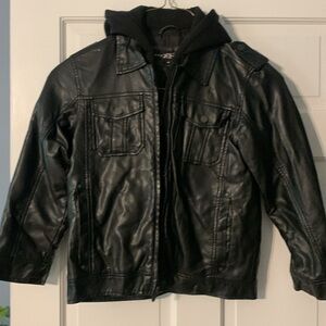 Boys black faux leather bomber jacket with detachable hoodie.